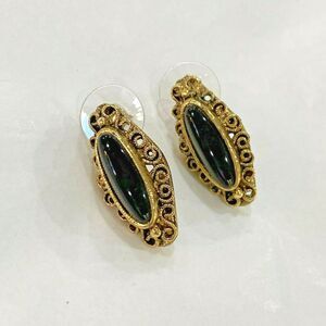 Vintage Vogue Pierced Earrings Ornate Gold Tone & Black Stone Slim Retro Classic
